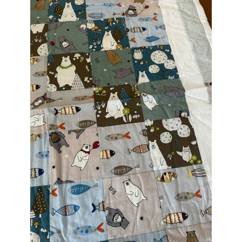 Handmade Bear And‎ Fish Patchwork Baby Boys Quilt Nursery Crib Blanket 37x49